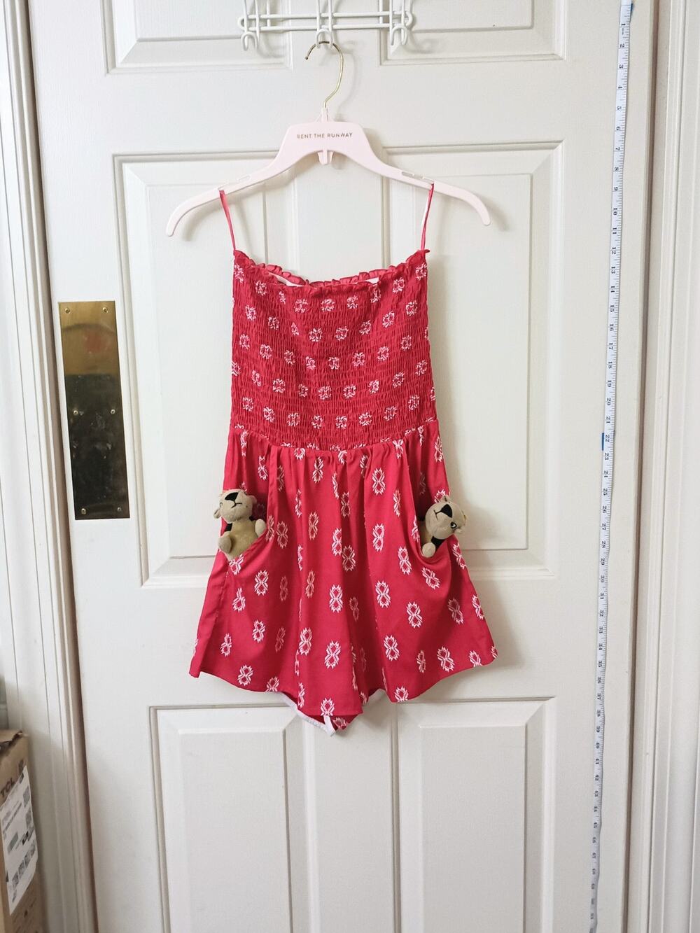 Love Fire - Strawberry Red Pink Print Smocked Bodice Romper with Pockets - Sz S